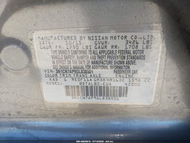 3N1CN7AP9GL838501 Nissan Versa 1.6 S/1.6 S+/1.6 Sl/1.6 Sv
