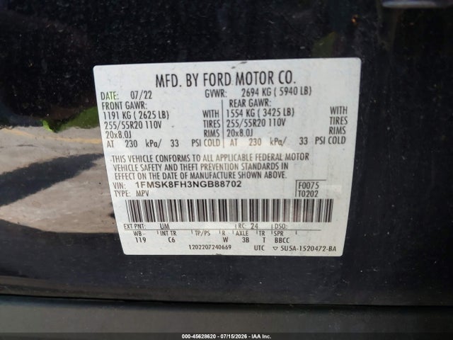 Продаж на аукціоні авто 2022 Ford Explorer Limited, vin: 1FMSK8FH3NGB88702, номер лоту: 45628620
