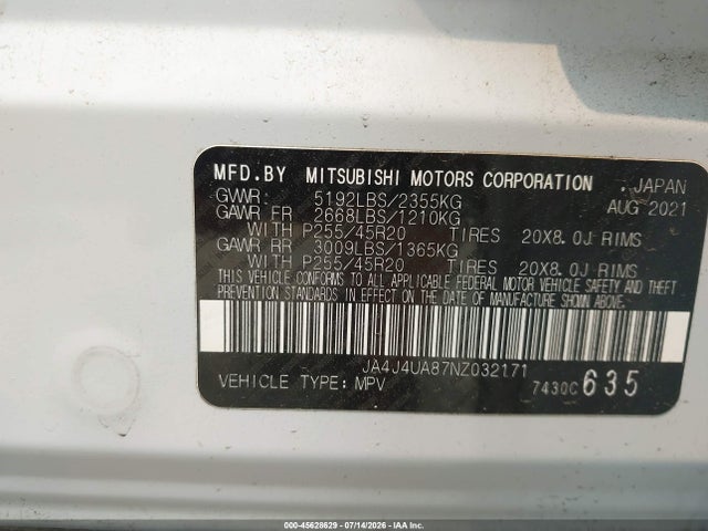Продаж на аукціоні авто 2022 Mitsubishi Outlander, vin: JA4J4UA87NZ032171, номер лоту: 45628629