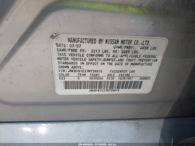 2007 Infiniti G35 Journey მანქანა იყიდება აუქციონზე, vin: JNKBV61E27M728816, აუქციონის ნომერი: 45628635
