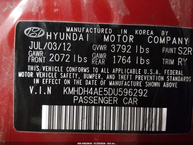 Продажа на аукционе авто 2013 Hyundai Elantra Limited, vin: KMHDH4AE5DU596292, номер лота: 45628636