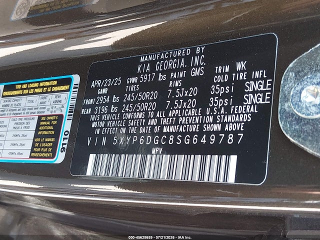 45628659 :رقم المزاد ، 5XYP6DGC8SG649787 vin ، 2025 Kia Telluride S مزاد بيع