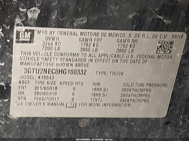 45628660 :رقم المزاد ، 3GTU2NEC8HG180332 vin ، 2017 Gmc Sierra 1500 Slt مزاد بيع