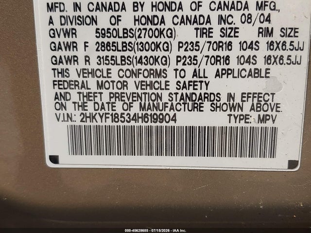 Продаж на аукціоні авто 2004 Honda Pilot Ex-l, vin: 2HKYF18534H619904, номер лоту: 45628685