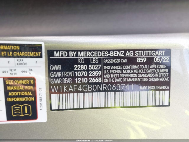 45628696 :رقم المزاد ، W1KAF4GB0NR063741 vin ، 2022 Mercedes-benz C 300 Sedan مزاد بيع