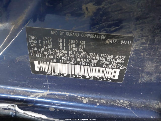 45628703 :رقم المزاد ، 4S3GKAK60H1617761 vin ، 2017 Subaru Impreza 2.0i Sport مزاد بيع