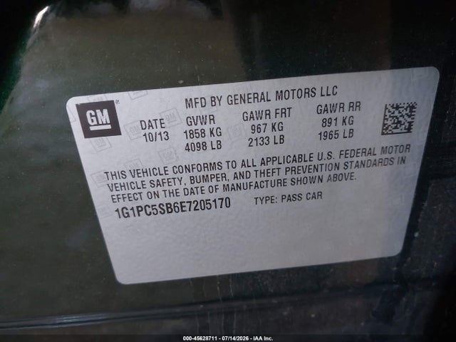 45628711 :رقم المزاد ، 1G1PC5SB6E7205170 vin ، 2014 Chevrolet Cruze 1lt Auto مزاد بيع