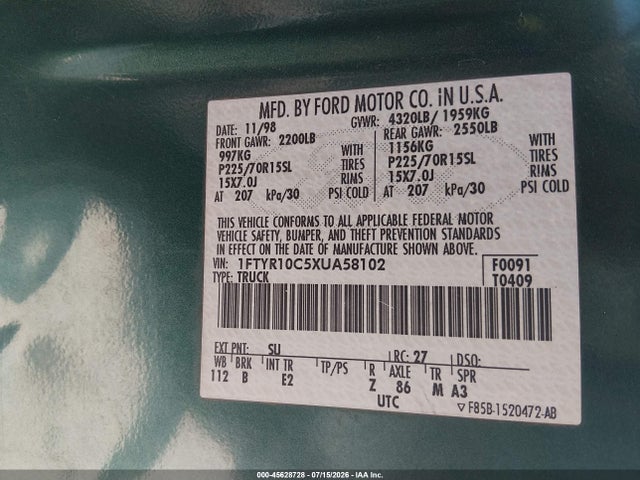 45628728 :رقم المزاد ، 1FTYR10C5XUA58102 vin ، 1999 Ford Ranger Xl/xlt مزاد بيع