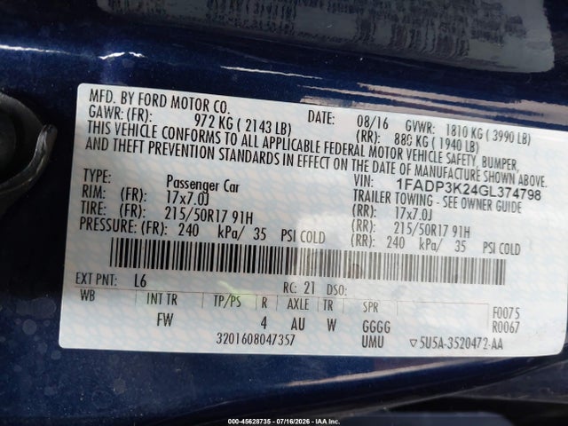 2016 Ford Focus Se მანქანა იყიდება აუქციონზე, vin: 1FADP3K24GL374798, აუქციონის ნომერი: 45628735