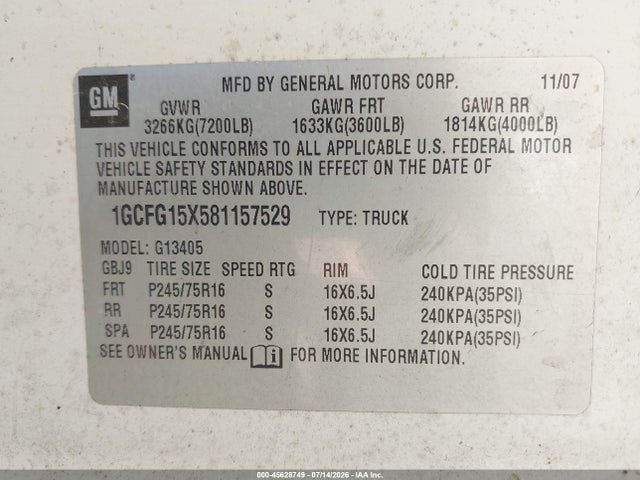 45628749 :رقم المزاد ، 1GCFG15X581157529 vin ، 2008 Chevrolet Express Work Van مزاد بيع