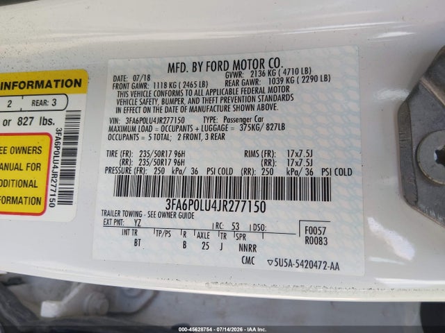 45628754 :رقم المزاد ، 3FA6P0LU4JR277150 vin ، 2018 Ford Fusion Hybrid Se مزاد بيع