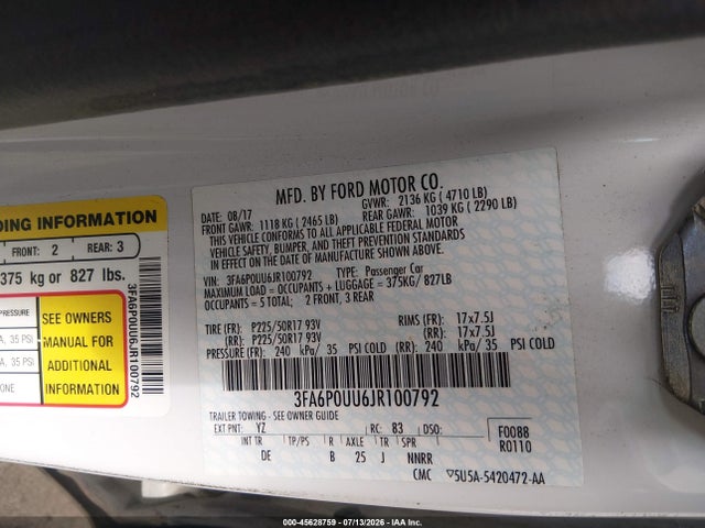 3FA6P0UU6JR100792 Ford Fusion Hybrid S