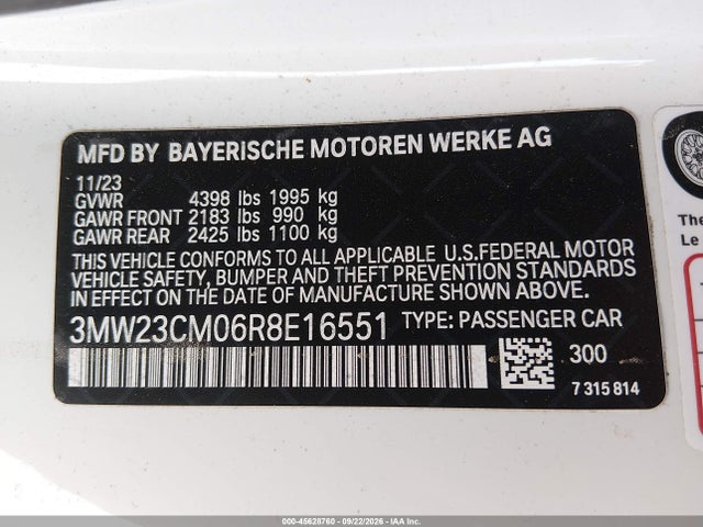 2024 Bmw 230i მანქანა იყიდება აუქციონზე, vin: 3MW23CM06R8E16551, აუქციონის ნომერი: 45628760