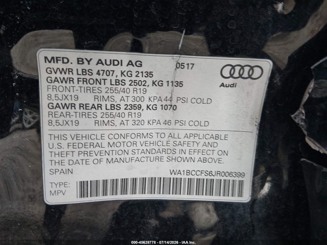 Продаж на аукціоні авто 2018 Audi Q3 2.0t Premium/2.0t Sport Premium, vin: WA1BCCFS6JR006399, номер лоту: 45628778