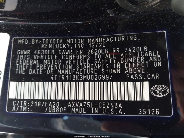 Продаж на аукціоні авто 2021 Toyota Camry Le Awd, vin: 4T1R11BK3MU026997, номер лоту: 45628777