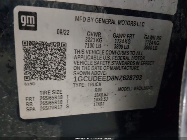 Aukcja sprzedaży 2022 Chevrolet Silverado 1500 4wd  Standard Bed Rst, vin: 1GCUDEED8NZ628793, numer aukcji: 45628781