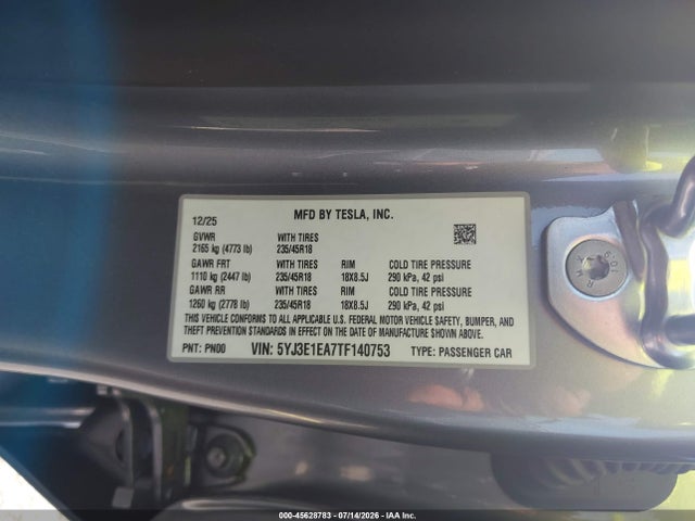 Aukcja sprzedaży 2026 Tesla Model 3 Premium Rear-wheel Drive/rear-wheel Drive, vin: 5YJ3E1EA7TF140753, numer aukcji: 45628783