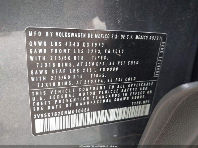 45628786 :رقم المزاد ، 3VVSX7B25NM010668 vin ، 2022 Volkswagen Taos 1.5t Se مزاد بيع