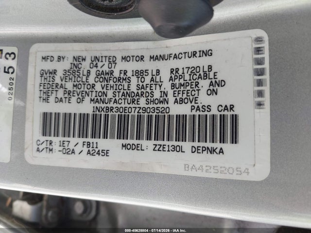 2007 Toyota Corolla Le მანქანა იყიდება აუქციონზე, vin: 1NXBR30E07Z903520, აუქციონის ნომერი: 45628804