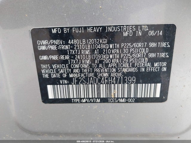 45628815 :رقم المزاد ، JF2SJADC4FH471399 vin ، 2015 Subaru Forester 2.5i Premium مزاد بيع