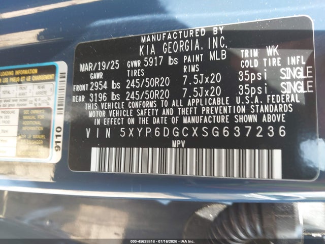 45628818 :رقم المزاد ، 5XYP6DGCXSG637236 vin ، 2025 Kia Telluride S مزاد بيع