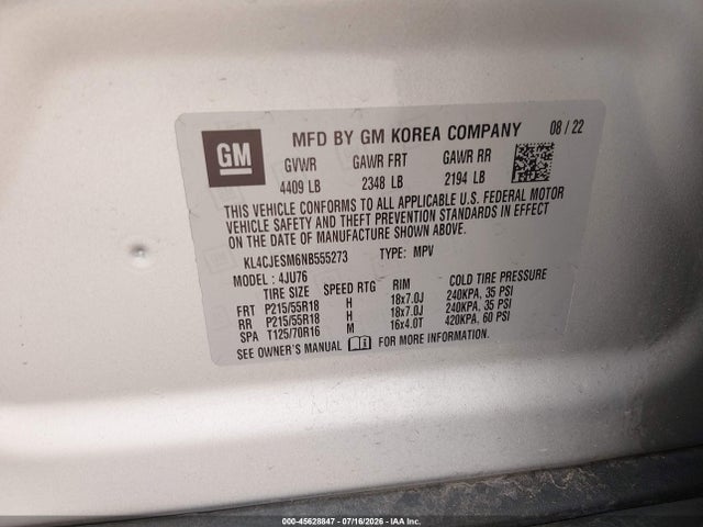 Aukcja sprzedaży 2022 Buick Encore Awd Preferred, vin: KL4CJESM6NB555273, numer aukcji: 45628847