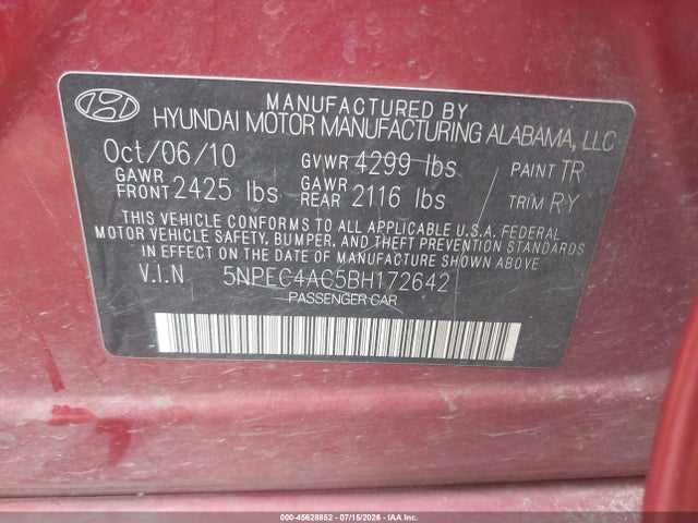 Продаж на аукціоні авто 2011 Hyundai Sonata Se, vin: 5NPEC4AC5BH172642, номер лоту: 45628852