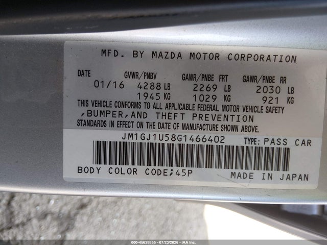 45628855 :رقم المزاد ، JM1GJ1U58G1466402 vin ، 2016 Mazda Mazda6 I Sport مزاد بيع
