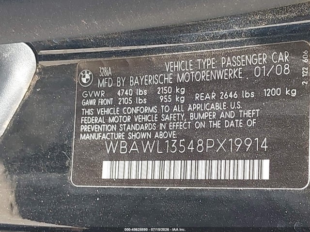 Продаж на аукціоні авто 2008 Bmw 328i, vin: WBAWL13548PX19914, номер лоту: 45628890