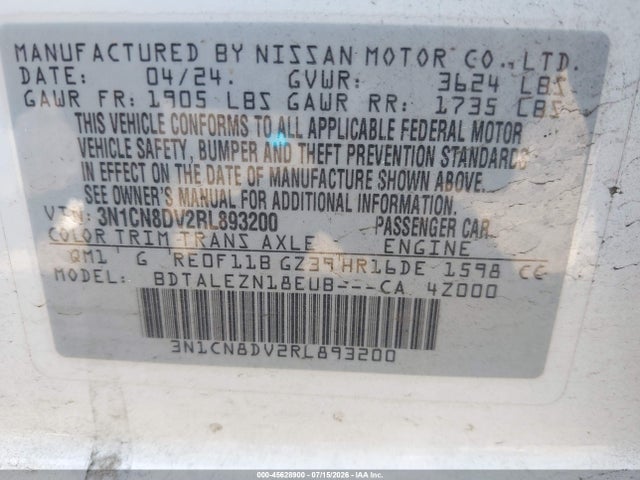45628900 :رقم المزاد ، 3N1CN8DV2RL893200 vin ، 2024 Nissan Versa 1.6 S مزاد بيع