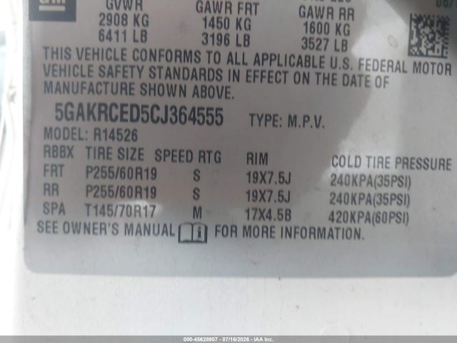 Aukcja sprzedaży 2012 Buick Enclave Leather, vin: 5GAKRCED5CJ364555, numer aukcji: 45628907