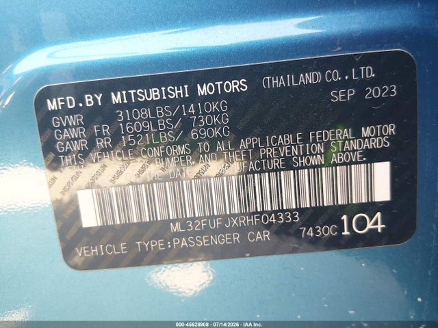 2024 Mitsubishi Mirage G4 Es მანქანა იყიდება აუქციონზე, vin: ML32FUFJXRHF04333, აუქციონის ნომერი: 45628908