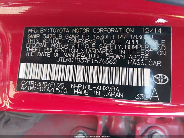 2015 Toyota Prius C One მანქანა იყიდება აუქციონზე, vin: JTDKDTB37F1576662, აუქციონის ნომერი: 45628924
