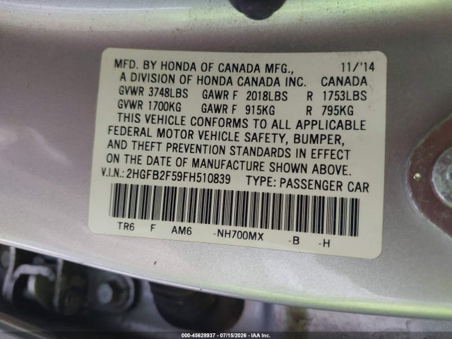 Honda Civic Lx 2015 2HGFB2F59FH510839 Image 9