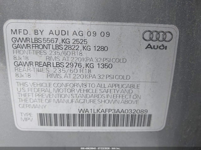 45628945 :رقم المزاد ، WA1LKAFP3AA032089 vin ، 2010 Audi Q5 3.2 Premium مزاد بيع