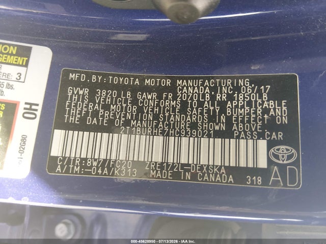 2T1BURHE7HC939021 Toyota COROLLA SE