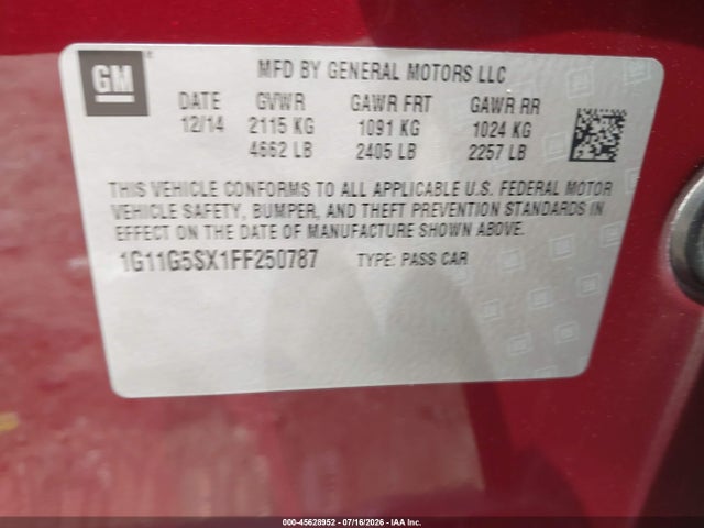 45628952 :رقم المزاد ، 1G11G5SX1FF250787 vin ، 2015 Chevrolet Malibu 2lz مزاد بيع