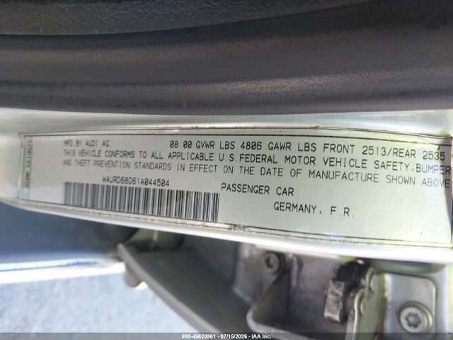 45628961 :رقم المزاد ، WAURD68D61A044504 vin ، 2001 Audi S4 2.7t مزاد بيع