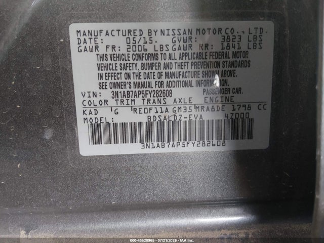 2015 Nissan Sentra Sv მანქანა იყიდება აუქციონზე, vin: 3N1AB7AP5FY282608, აუქციონის ნომერი: 45628965
