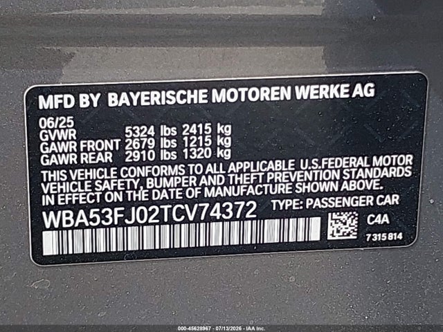 2026 Bmw 530i Xdrive მანქანა იყიდება აუქციონზე, vin: WBA53FJ02TCV74372, აუქციონის ნომერი: 45628967