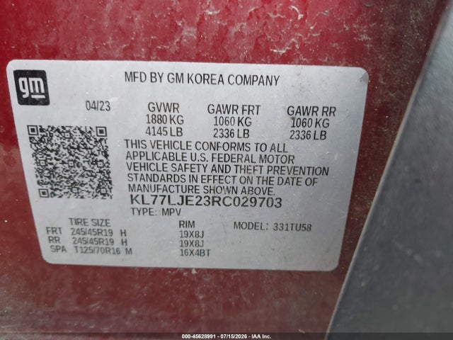 45628991 :رقم المزاد ، KL77LJE23RC029703 vin ، 2024 Chevrolet Trax Fwd 2rs مزاد بيع