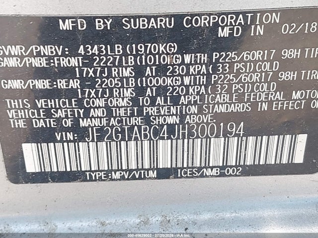 45629002 :رقم المزاد ، JF2GTABC4JH300194 vin ، 2018 Subaru Crosstrek 2.0i Premium مزاد بيع