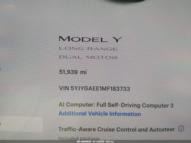 5YJYGAEE1MF183733 Tesla Model Y Long Range Dual Motor All-wheel Drive