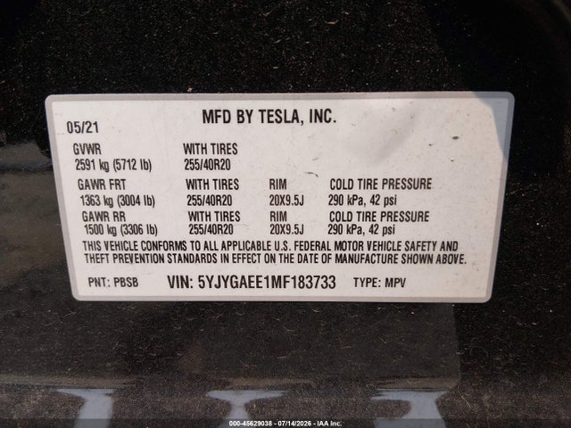 5YJYGAEE1MF183733 Tesla Model Y Long Range Dual Motor All-wheel Drive