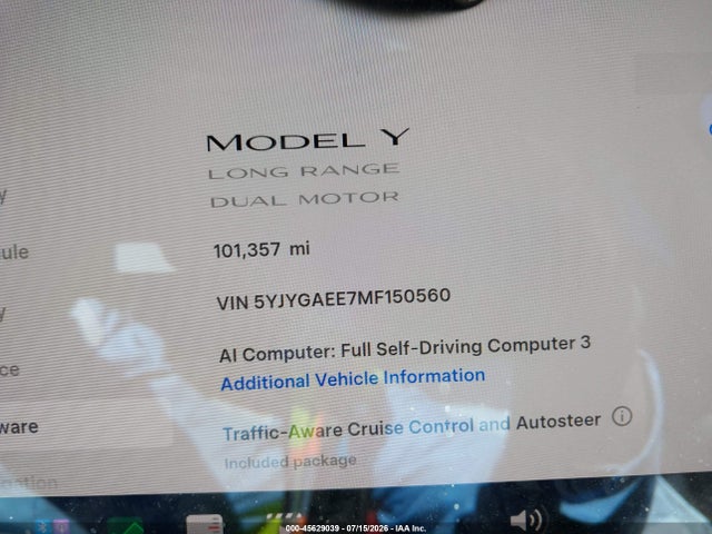 Aukcja sprzedaży 2021 Tesla Model Y Long Range Dual Motor All-wheel Drive, vin: 5YJYGAEE7MF150560, numer aukcji: 45629039
