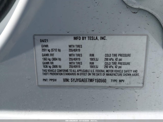 Aukcja sprzedaży 2021 Tesla Model Y Long Range Dual Motor All-wheel Drive, vin: 5YJYGAEE7MF150560, numer aukcji: 45629039