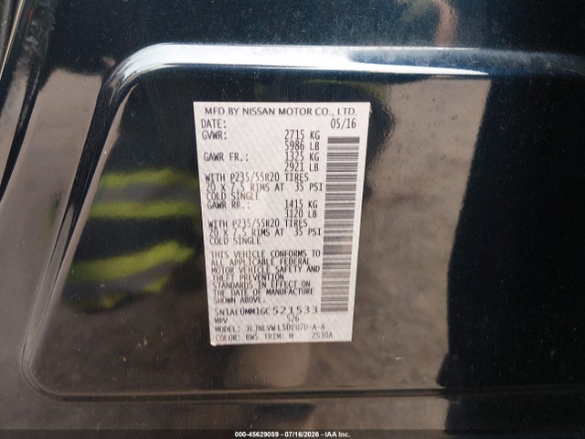 2016 Infiniti Qx60 მანქანა იყიდება აუქციონზე, vin: 5N1AL0MM1GC521533, აუქციონის ნომერი: 45629059
