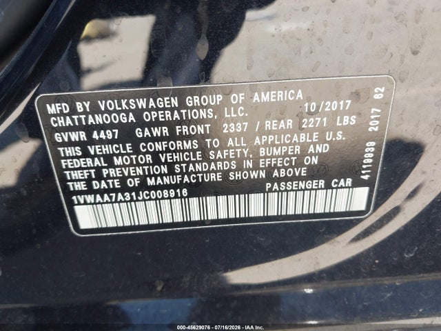 45629076 :رقم المزاد ، 1VWAA7A31JC008916 vin ، 2018 Volkswagen Passat 2.0t R-line/2.0t S مزاد بيع