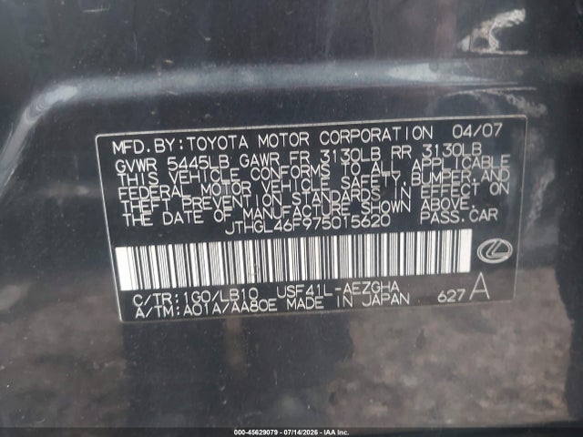 45629079 :رقم المزاد ، JTHGL46F975015620 vin ، 2007 Lexus Ls 460 L مزاد بيع