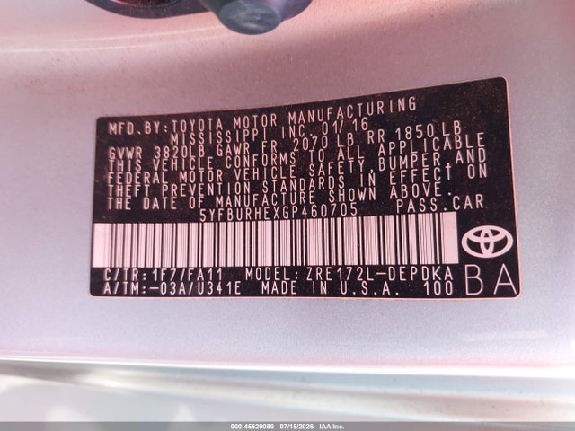 5YFBURHEXGP460705 Toyota COROLLA L